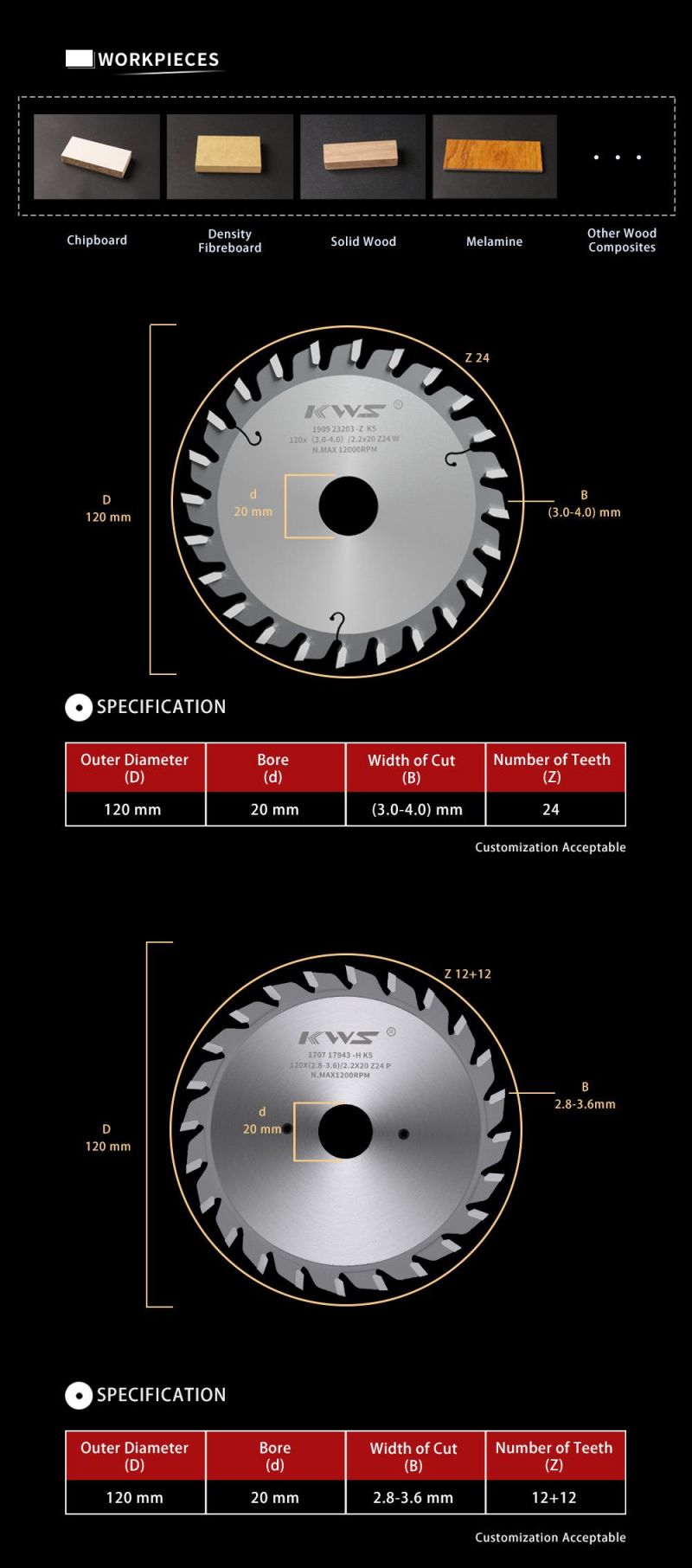 Kws Tct Carbide Adjustable Scoring Saw Blade for Wood Disc Saw Blade High Quality and Long Working Life