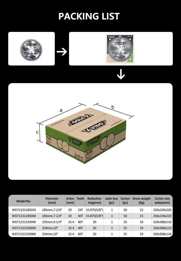 VIDO circular saw blade 254mm power saw blade10 inch 40t 60t 80t power tools tungsten carbide tipped wood cutting circul