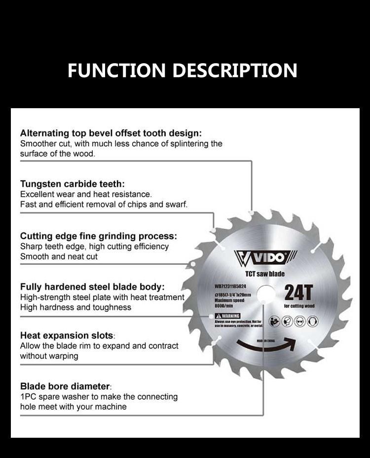 Vido Band 7in 185mm 24t Electric Power High Strength Alloy Steel Wood Cutting Saw Blade