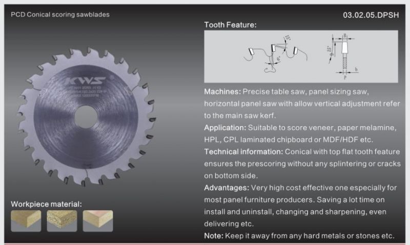 OEM ODM H6 Arbor Hole Horizontal Panel Sizing Machinery Parts Pd Polycrystalline Diamond Conical Scoring Saw Blade