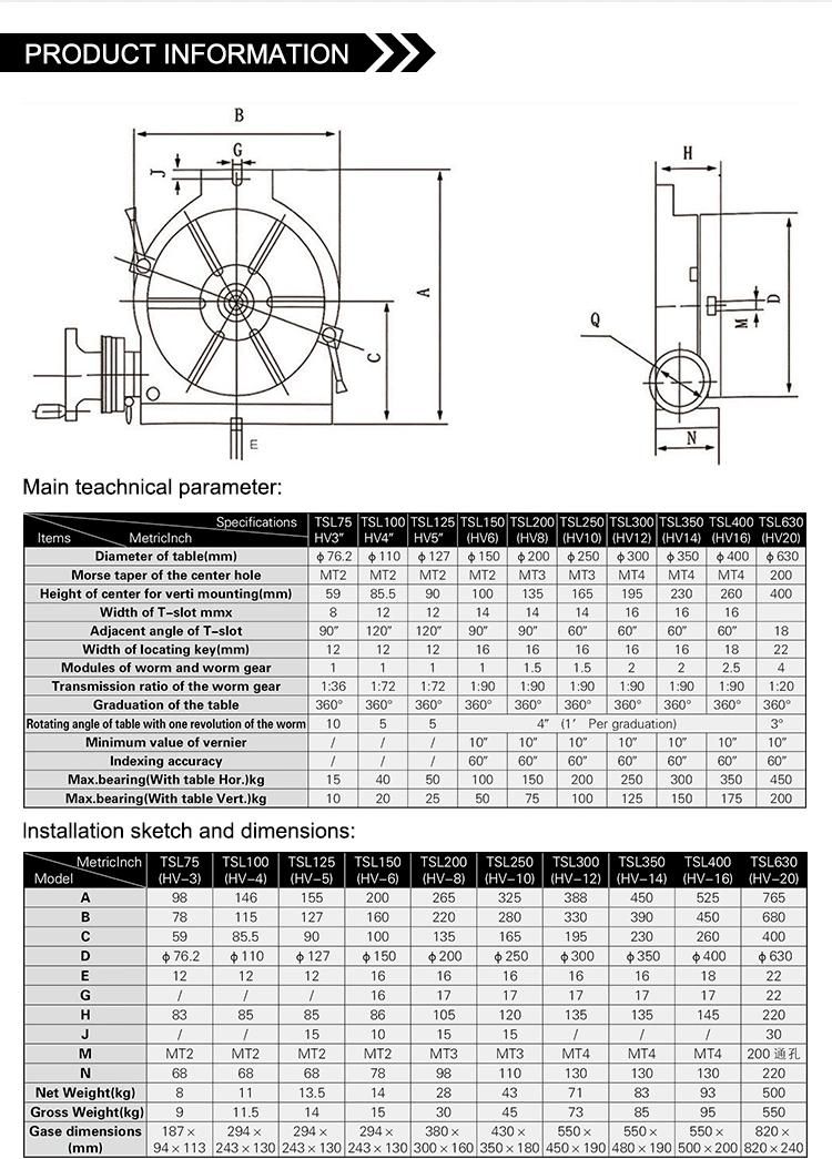 Tsl Vertical & Horizontal Rotary Table Tsl150 Tsl200 Tsl250 Tsl300 Tsl350 Tsl400