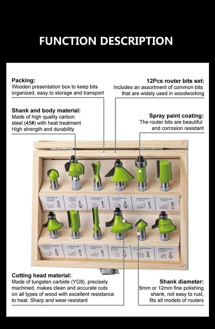 Vido 6mm 12 14 Shank High Quality Carbon Steel 12 Piece Router Bits Set for Wood Cutting Carving Sculpture