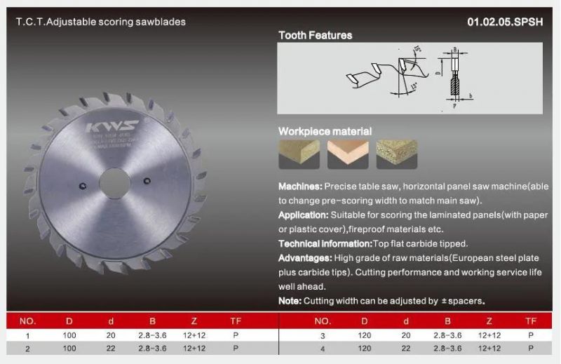 Kws Tct Saw Blade for Wood Scoring Saw Blade Table Saw 120*20-22*3.0-4.0*24z