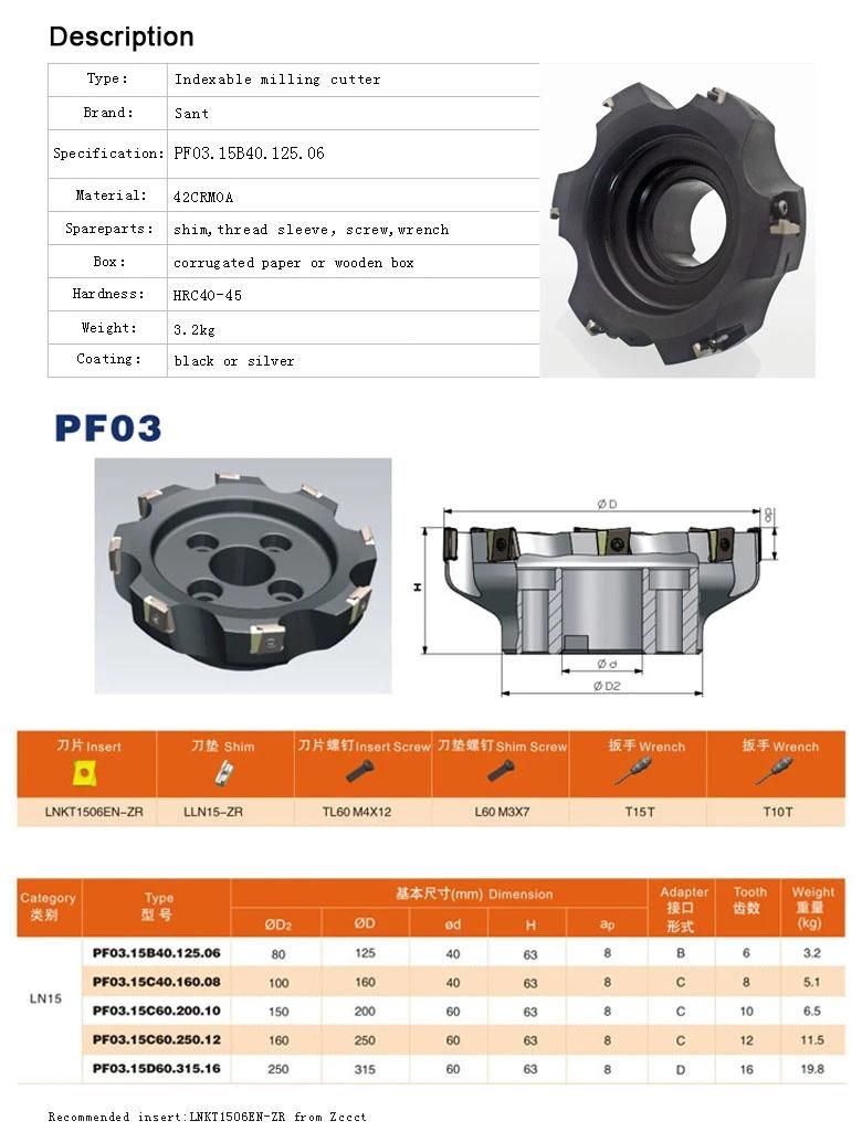 Indexble Face Milling Tool Matched Zccct Carbide Insert