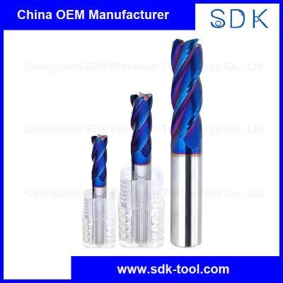 Blue Nano Coating High Life-Time HRC65 Solid Carbide 4f Corner Radius Cutting Tools Cutter for CNC Machine