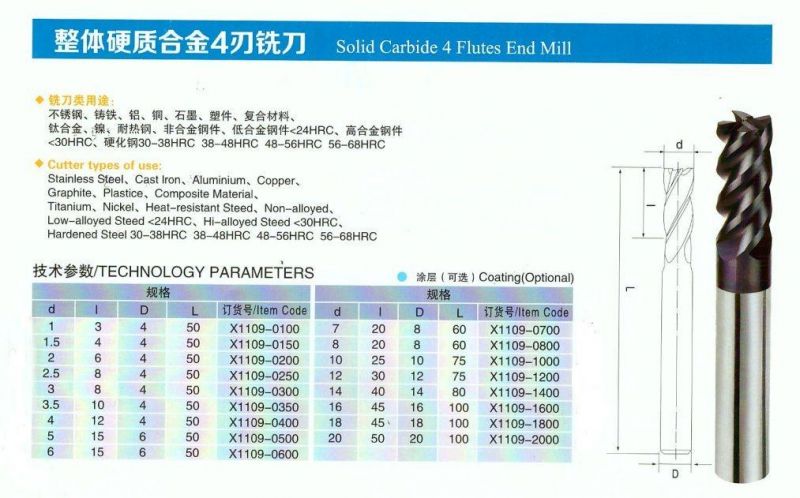 4 Flute Carbide End Mill Cutter HRC55 Flat Milling Cutter