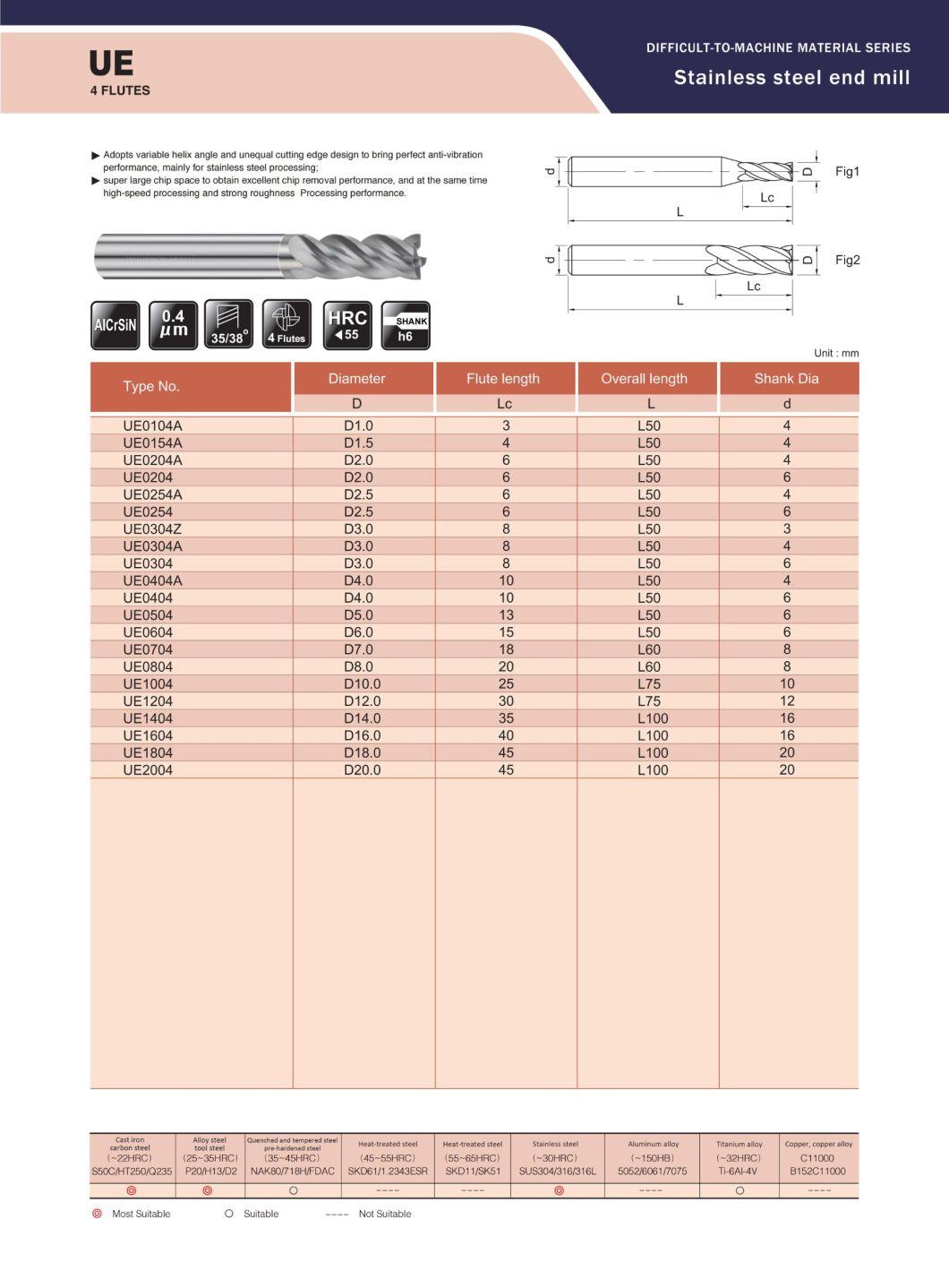 55HRC 4 Flutes Solid Carbide Tool for Aerospace and Military Industry Medical Care (UE0404A)