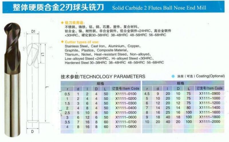 45HRC 55HRC 2 Flutes Solid Carbide Ball Nose End Mill