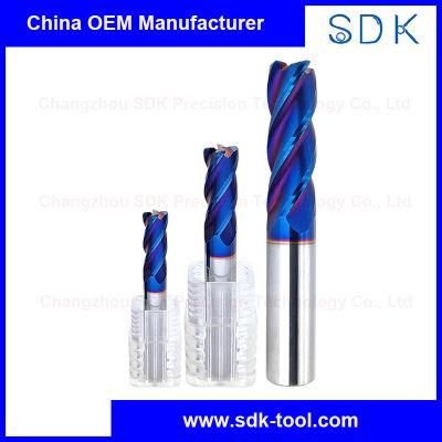 Tungsten Carbide Four Flute Corner Radius End Mill for Hardened Steel with Blue Nano Coating