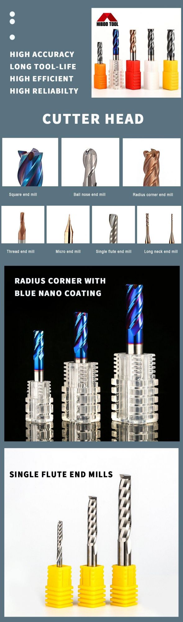 China Hiboo HRC55 Long Corner Raduis Milling Cutter End Mills