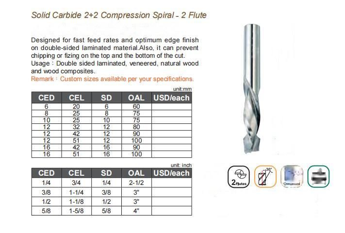 Bfl Solid Carbide 2 Flute Spiral up and Down Cut End Mill Cutter for Wood