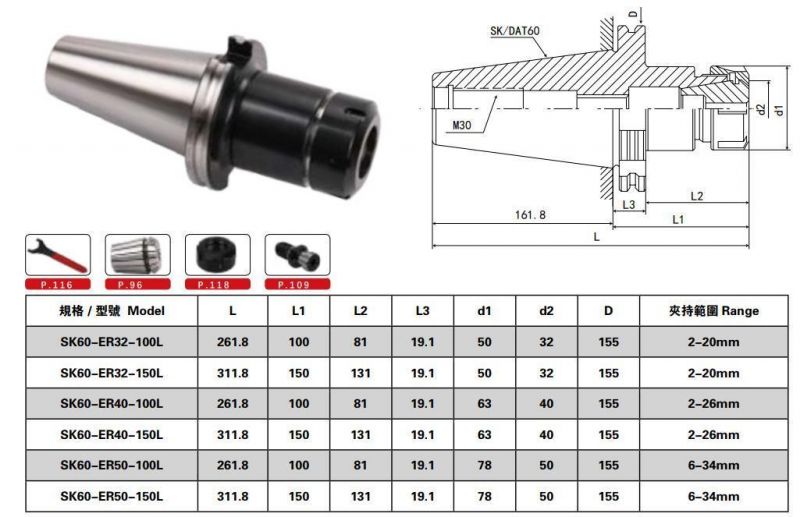 China Made High Quality CNC Tool Holder Sk50/40/60-Er32/40/50 Machining Center Spring Chuck Er Tool Holder Full Range