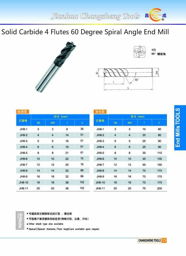 Manufactory Customized Solid Carbide 4 Flutes Removable Thread Shank End Mill