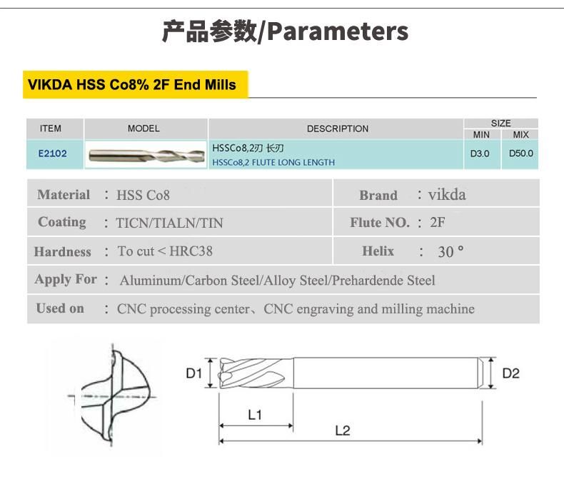 Vikda Machine Cutting Tools-HSS M42/HSS Co8% CNC 2 Flute Milling Cutter