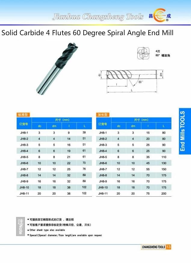 Coated Tisin HRC 65 Solid Carbide 8 Flutes End Mill for Milling Groove