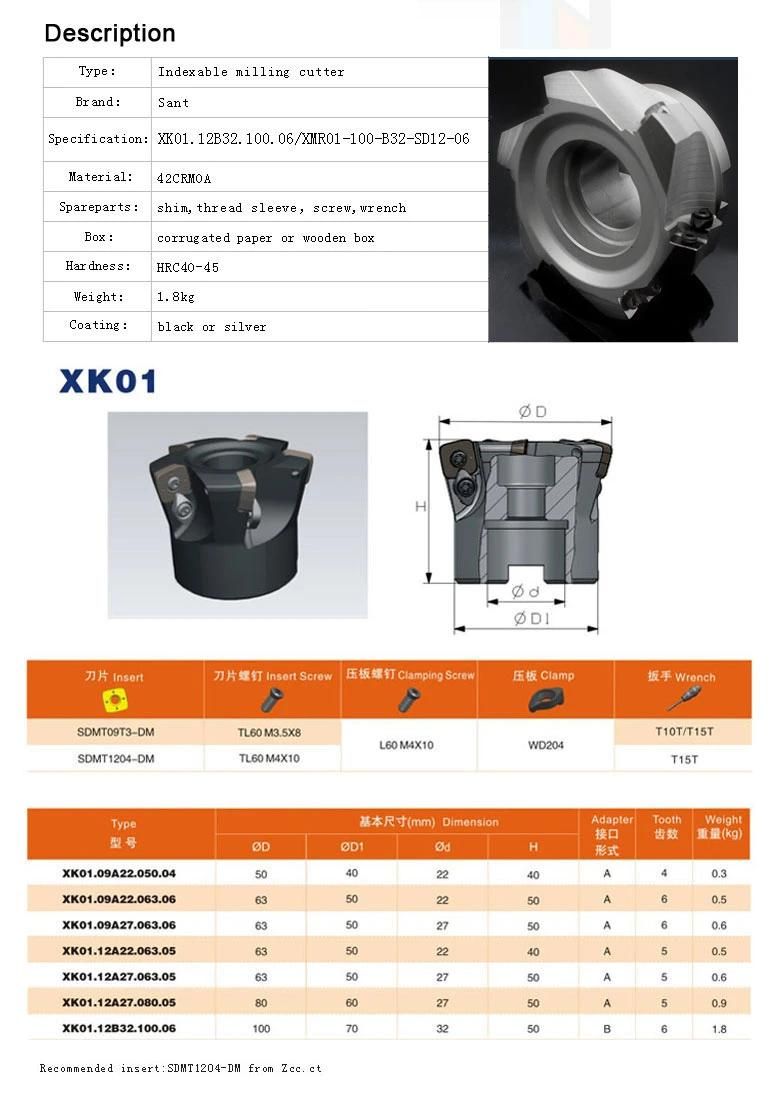 High Feed Milling Tools (XPR01-100-B32-SD12-06) with Zccct Carbide Insert
