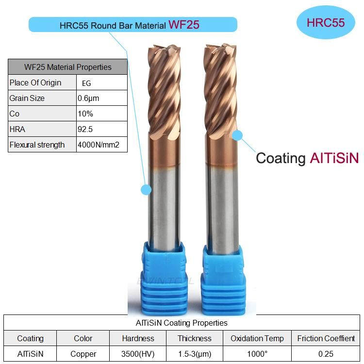 55HRC/45/50/58/65/HRC 2/3/4flute Solid Carbide Standard End Mill for High Performance Milling