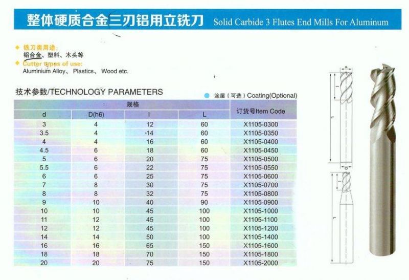 Solid Carbide End Mills 3 Flutes HRC55 for Aluminum